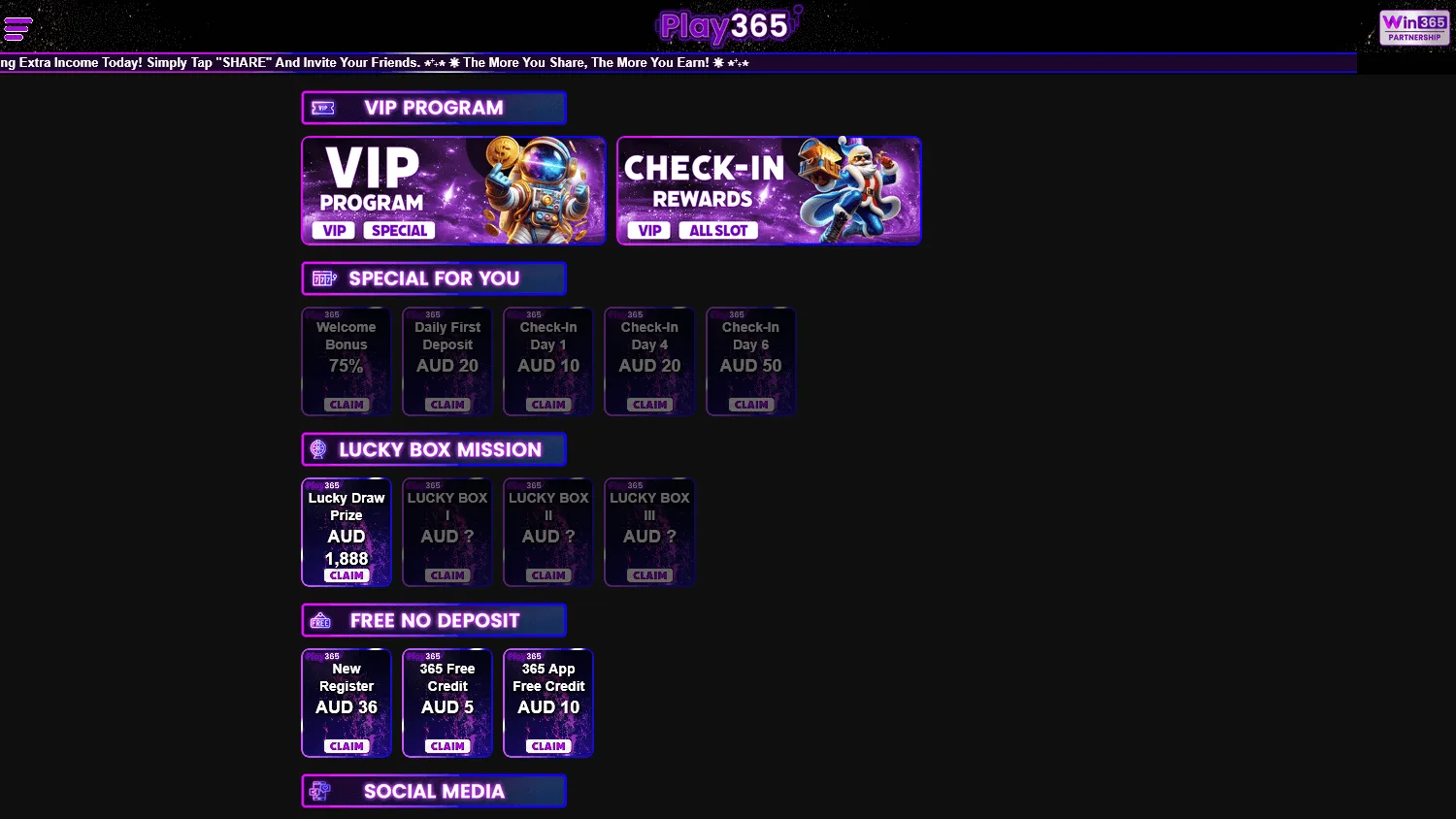 Play365 Casino desktop promotions with welcome offer and recurring rewards