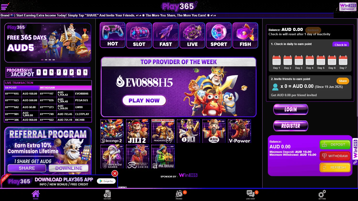 Play365 Casino desktop home with AUD casino offers and account features