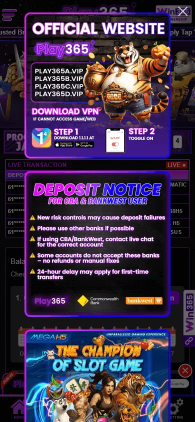 Play365 Casino mobile home with casino games and AUD account access